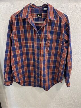 Vintage 90s R Lizsport Women’s Blue, Yellow and Red Plaid Button-Down Shirt